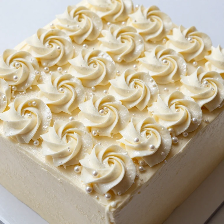 Elegant sheet cake with white buttercream rosettes and edible pearl decorations