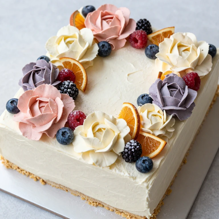 Sheet cake with piped buttercream flowers, fresh berries and fruit decorations