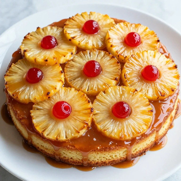 Pineapple upside-down cake with caramelized fruit and maraschino cherries