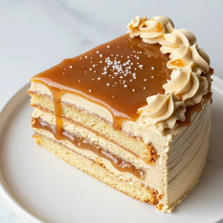 Salted caramel layer cake with swirled frosting and sea salt crystals