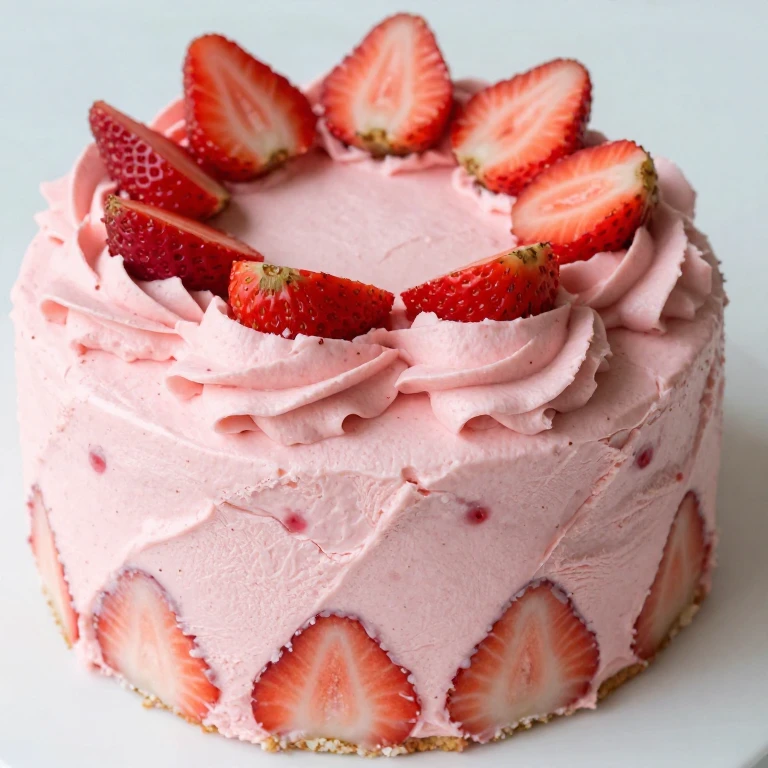 Strawberry milk cake with pink frosting and fresh strawberry slices on top
