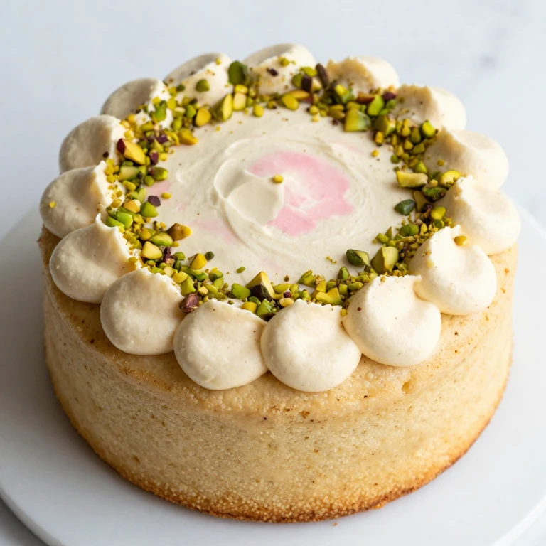 Cardamom rose cake with pistachio garnish and rose water frosting