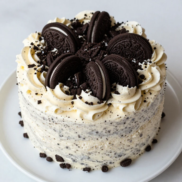 Cookies and cream cake with crushed Oreos and white frosting