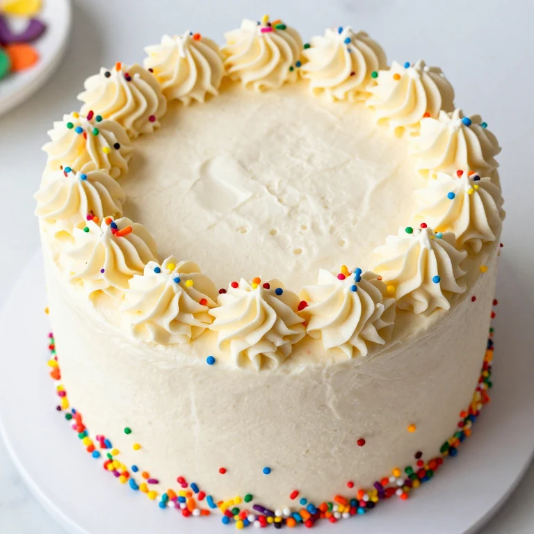 Vanilla confetti cake with rainbow sprinkles and white frosting