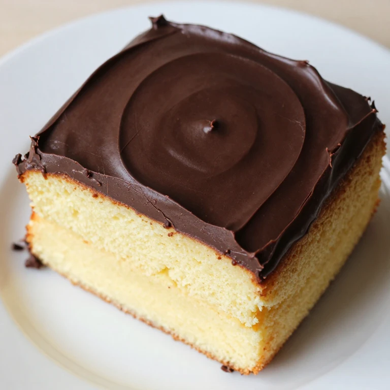 Yellow sheet cake with rich dark chocolate frosting and glossy finish