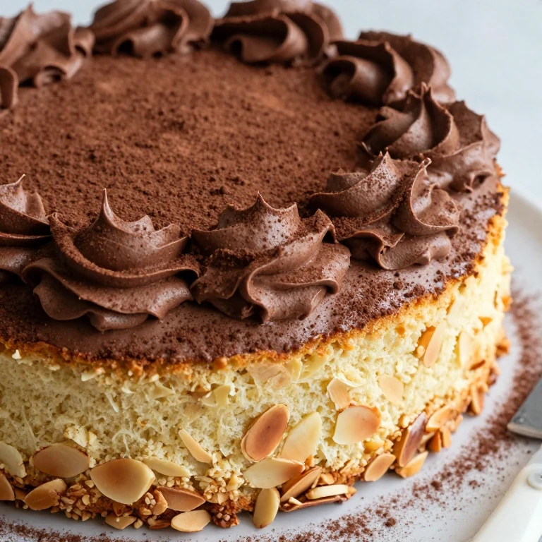 Almond sheet cake with rustic chocolate frosting, swirls, cocoa dust
