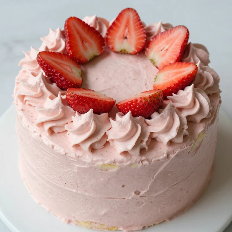 Vanilla cake with pink strawberry buttercream, fresh strawberry slice garnish