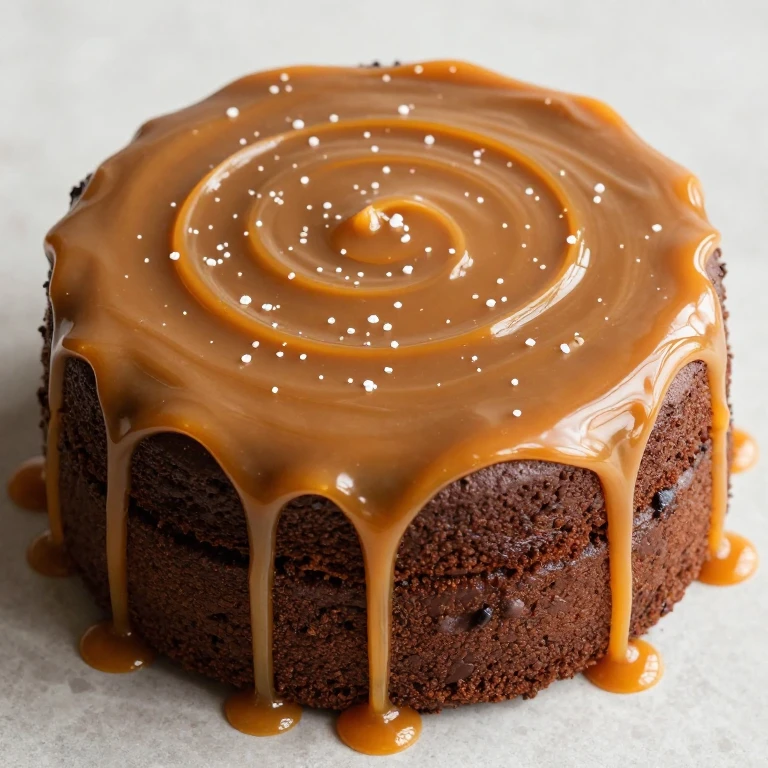 Chocolate cake with salted caramel frosting, dripping caramel, fleur de sel