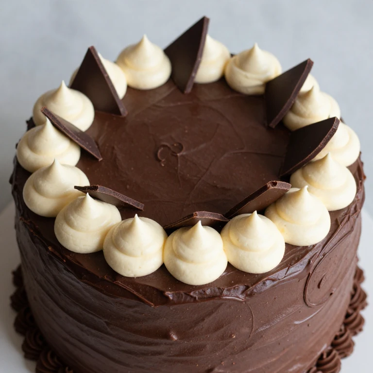 Chocolate sheet cake with piped buttercream swags and chocolate shard garnish