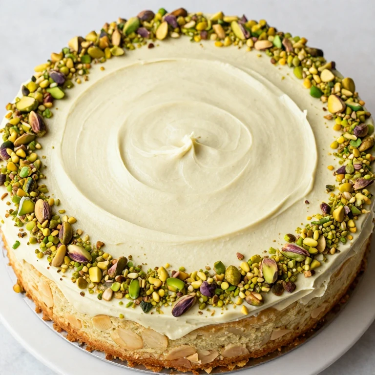 Almond cake with pistachio buttercream and crushed pistachio nut border