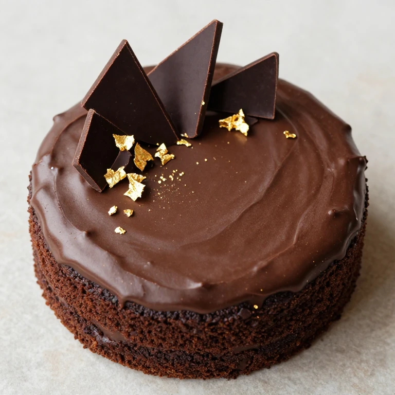 Chocolate sheet cake with dark chocolate shards and edible gold leaf
