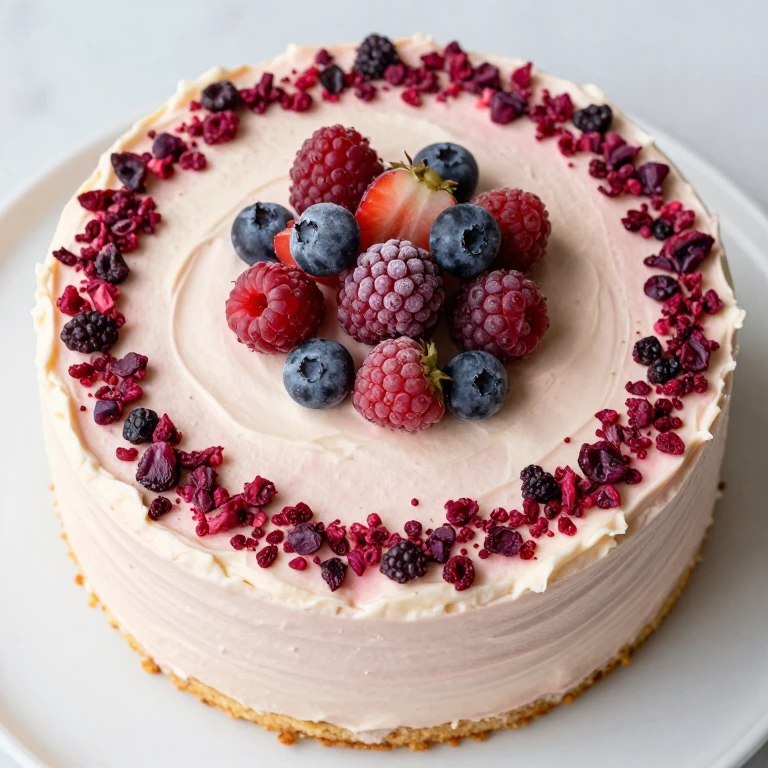 Vanilla cake with berry-tinted frosting, crushed berries, fresh berry topping