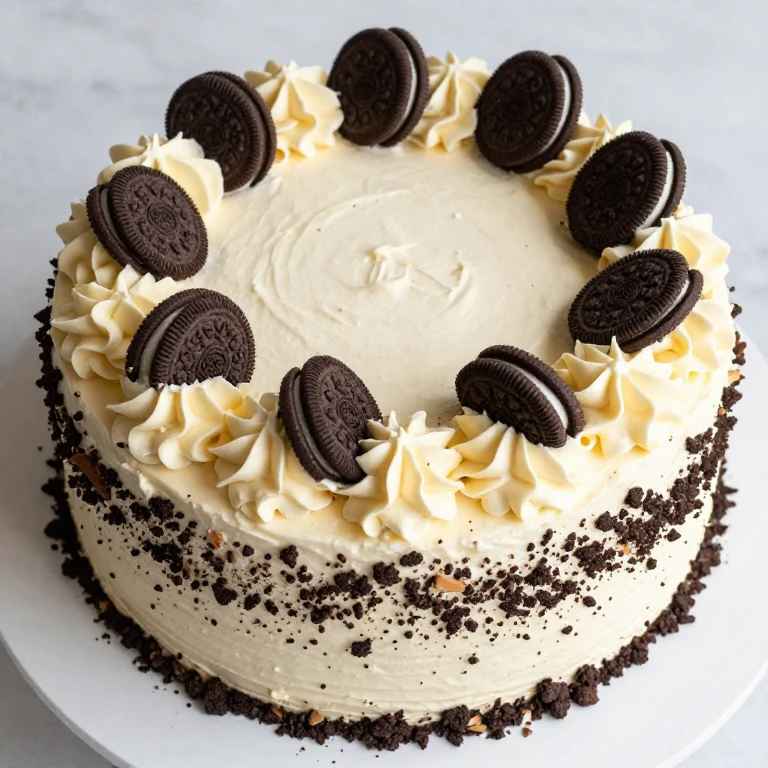 Sheet cake with buttercream border and crushed cookie crumbs on sides