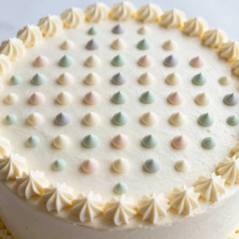 Sheet cake with smooth frosting and grid pattern of small piped dots