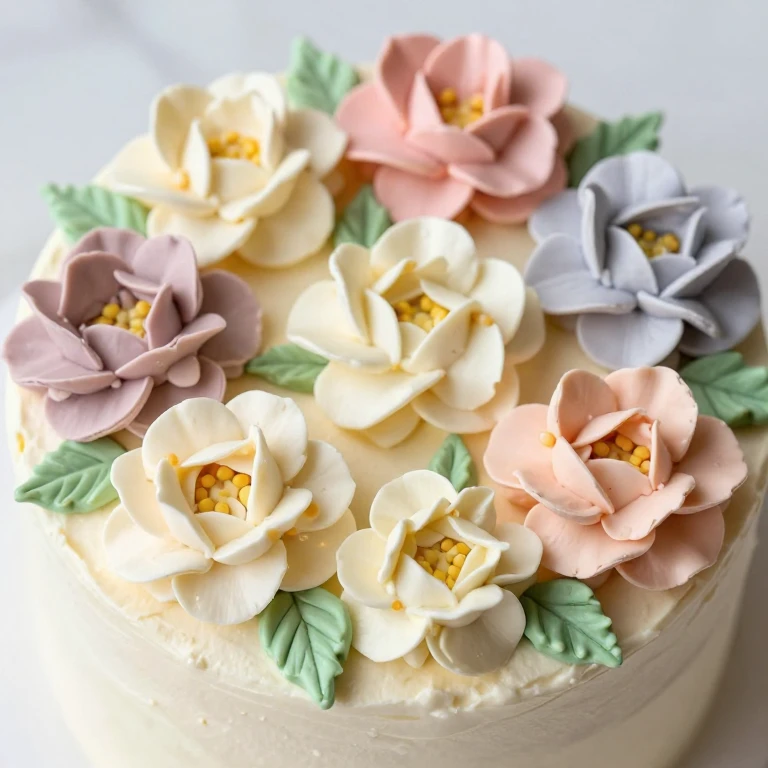 Sheet cake decorated with piped buttercream flowers and green leaves bouquet