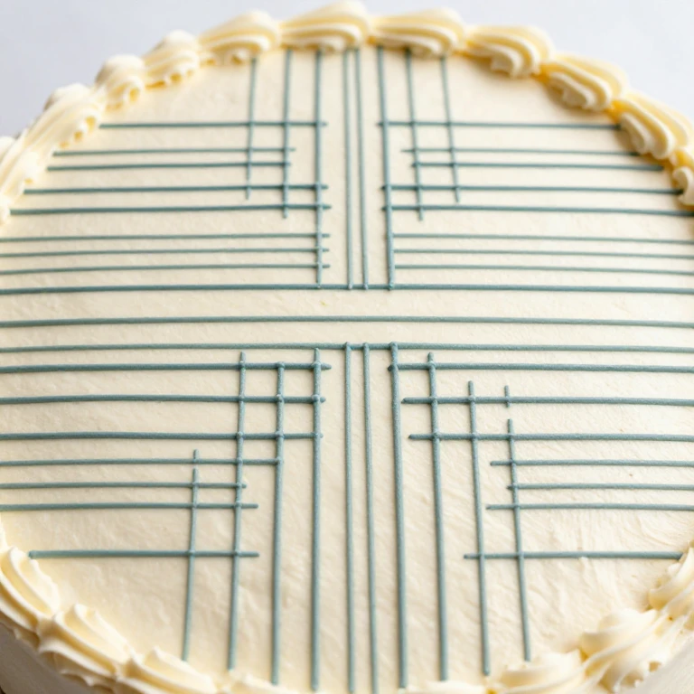Sheet cake with geometric parallel line pattern piped in contrasting buttercream