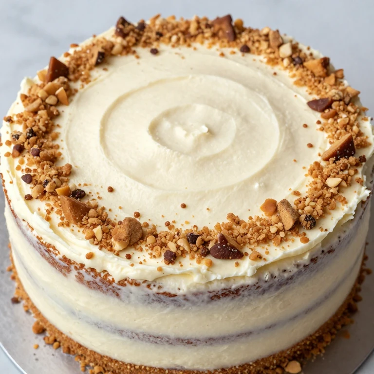 Naked cake with exposed sides and crumb-topped frosted surface
