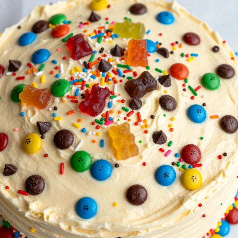 Sheet cake decorated with scattered colorful candies and sprinkles