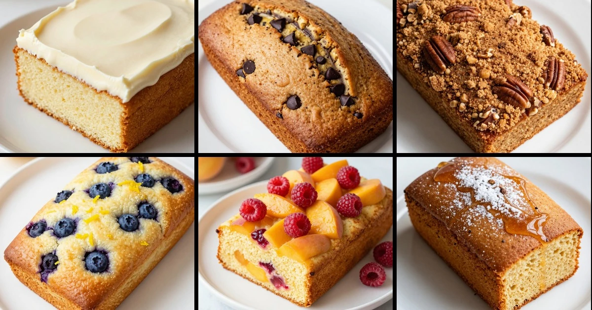 Collage of six sheet cake varieties including vanilla, banana chocolate, cinnamon crumb, blueberry lemon, peach raspberry, and cardamom honey.