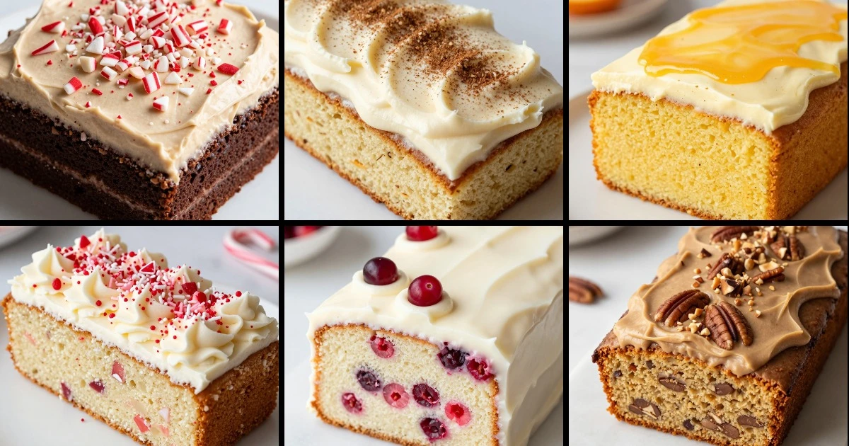 Collage of six Christmas sheet cake recipes featuring peppermint mocha, eggnog nutmeg, cardamom orange, candy cane crunch, cranberry white chocolate, and brown butter pecan varieties.