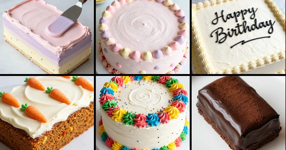 Collage of six decorated birthday sheet cakes featuring vanilla, strawberry, carrot, and chocolate varieties with colorful frosting designs.