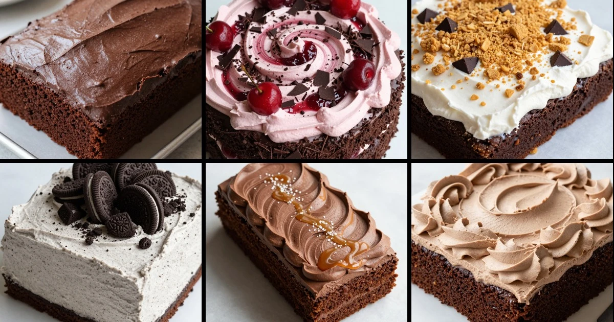 Collage of six chocolate sheet cake variations including classic, Black Forest, s'mores, cookies-and-cream, brown butter, and fudgy styles.