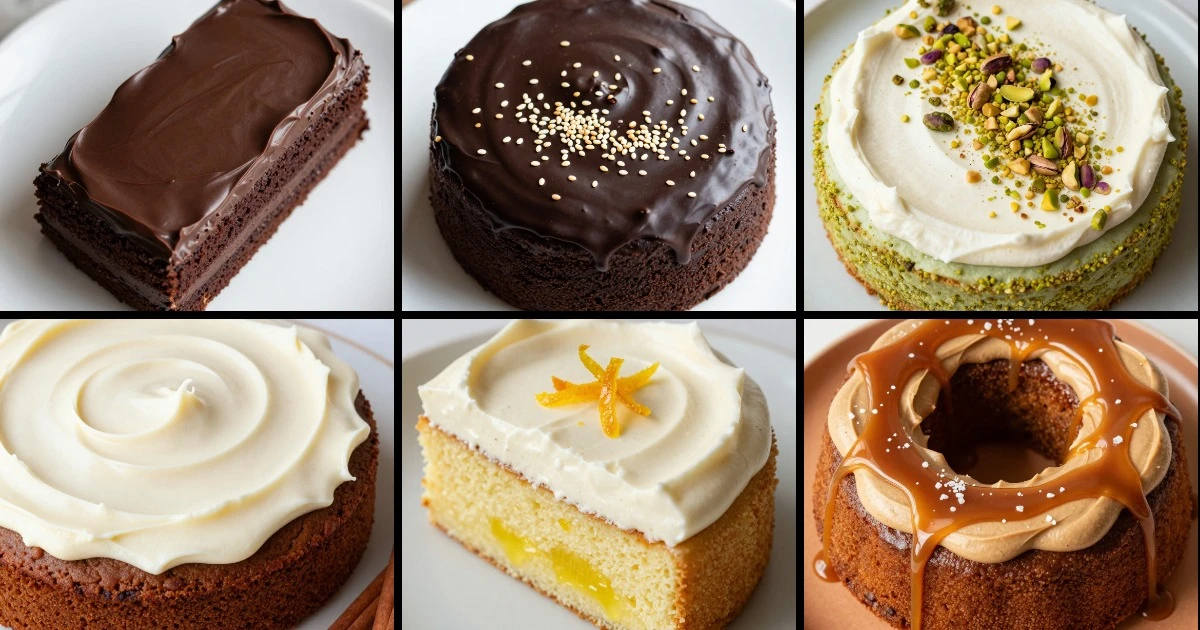 Collage of six sheet cake recipes featuring espresso chocolate, black sesame, pistachio cardamom, gingerbread, olive oil citrus, and brown sugar caramel varieties.