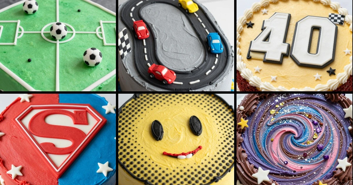Collage of six decorated sheet cakes featuring soccer field, race track, racecar number, superhero shield, comic book, and galaxy designs.