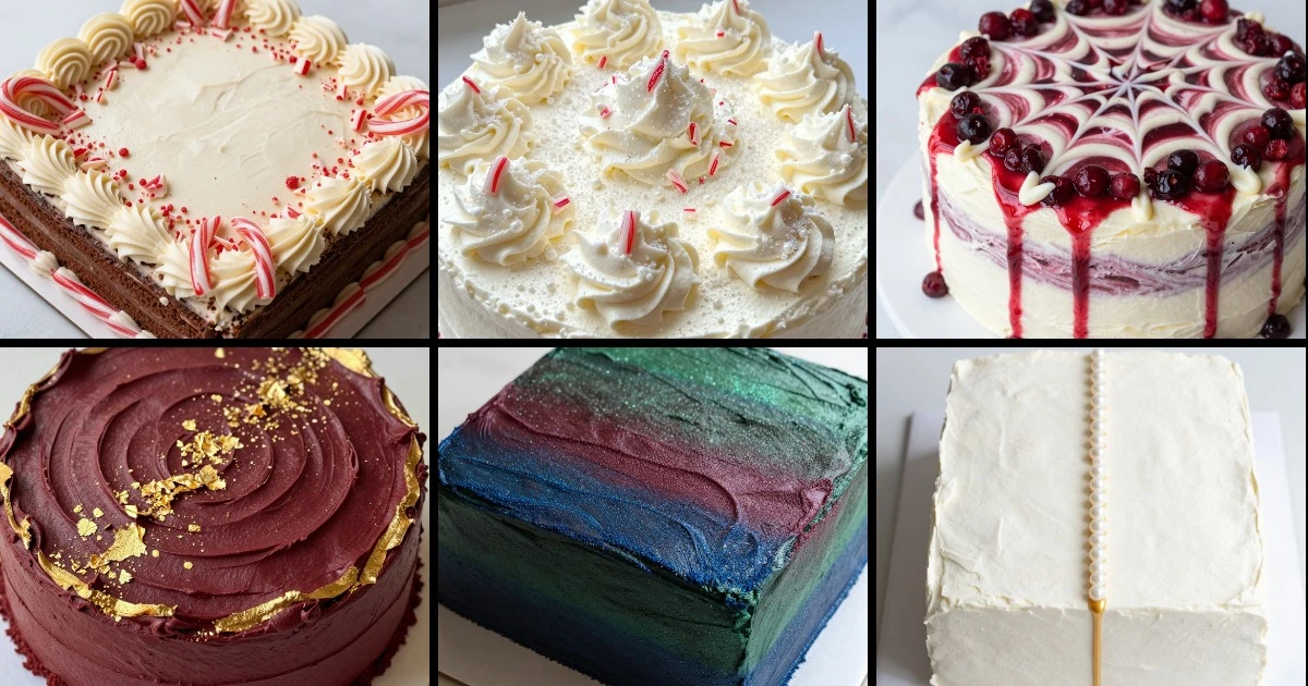 Collage of six Christmas sheet cake designs featuring candy cane, cranberry, velvet, ombre, and minimalist styles with various decorative toppings.