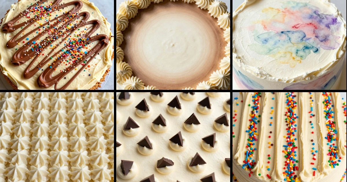 Collage of six decorated sheet cakes featuring various buttercream piping techniques, sprinkles, and frosting styles.
