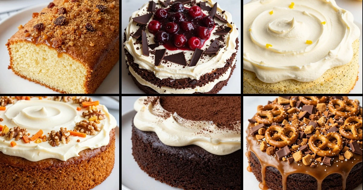 Collage of six sheet cake recipes including vanilla, black forest, lemon poppy seed, carrot, chocolate stout, and chocolate pretzel varieties.