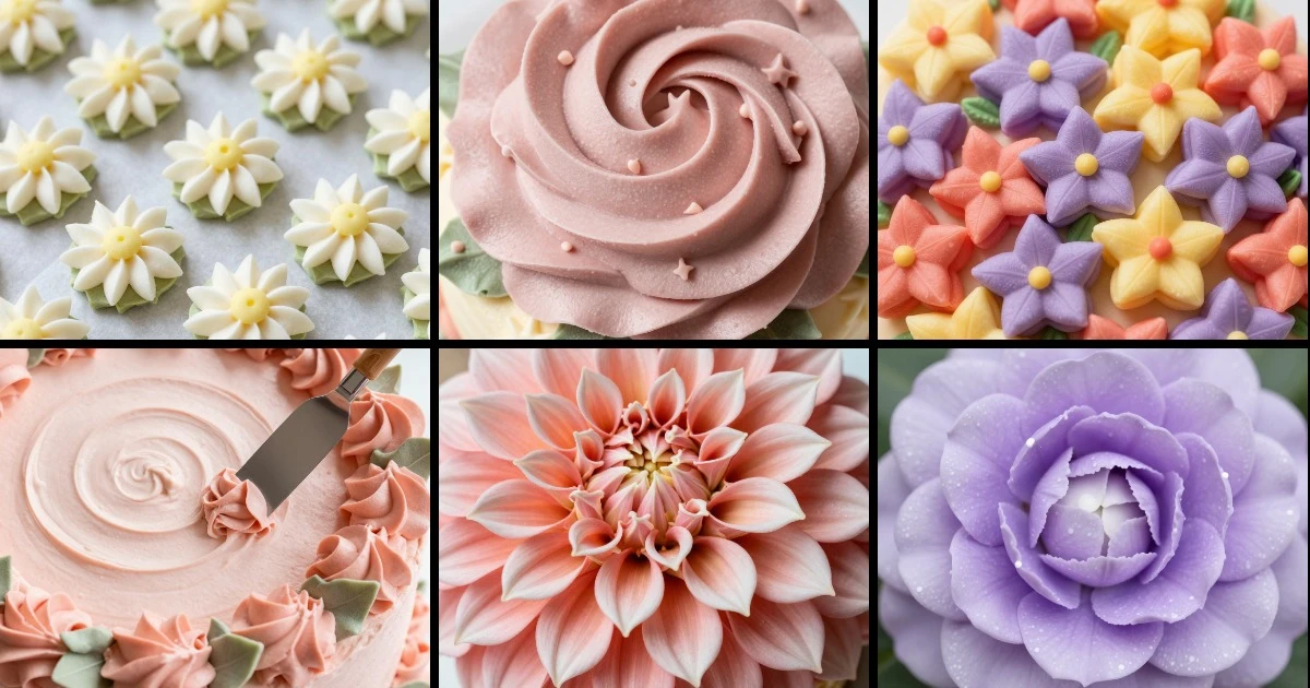 Collage of six buttercream flower designs for sheet cakes, featuring daisies, roses, dahlias, and stars in varied colors and textures.