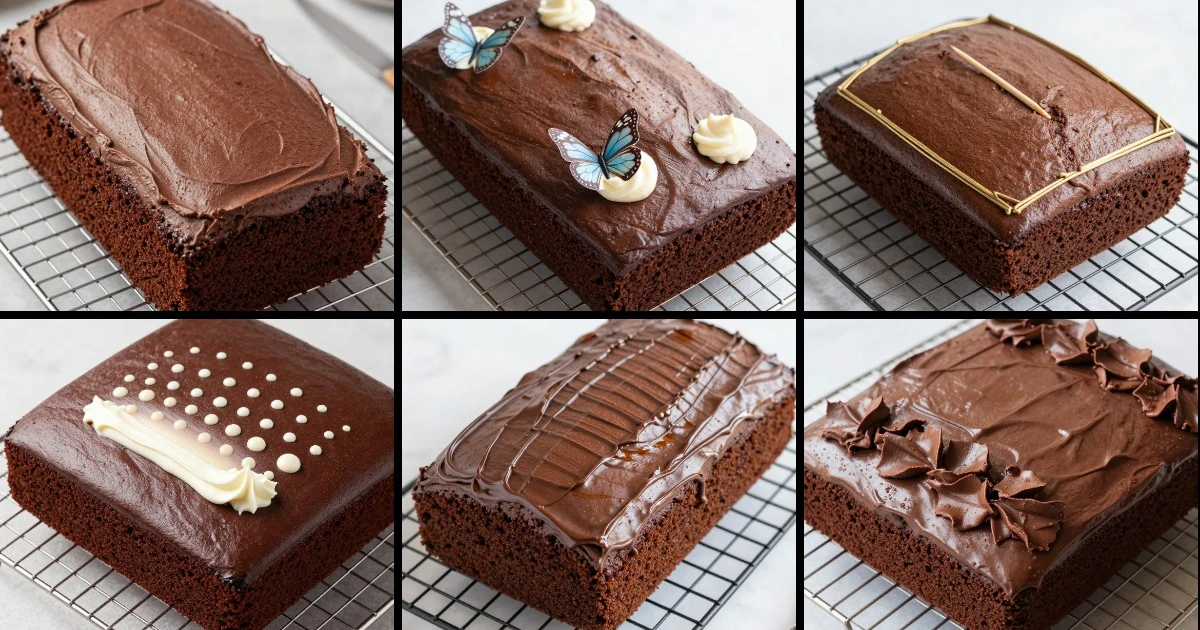 Collage of six chocolate sheet cakes at various stages, showing unfrosted and frosted versions with different decoration styles.