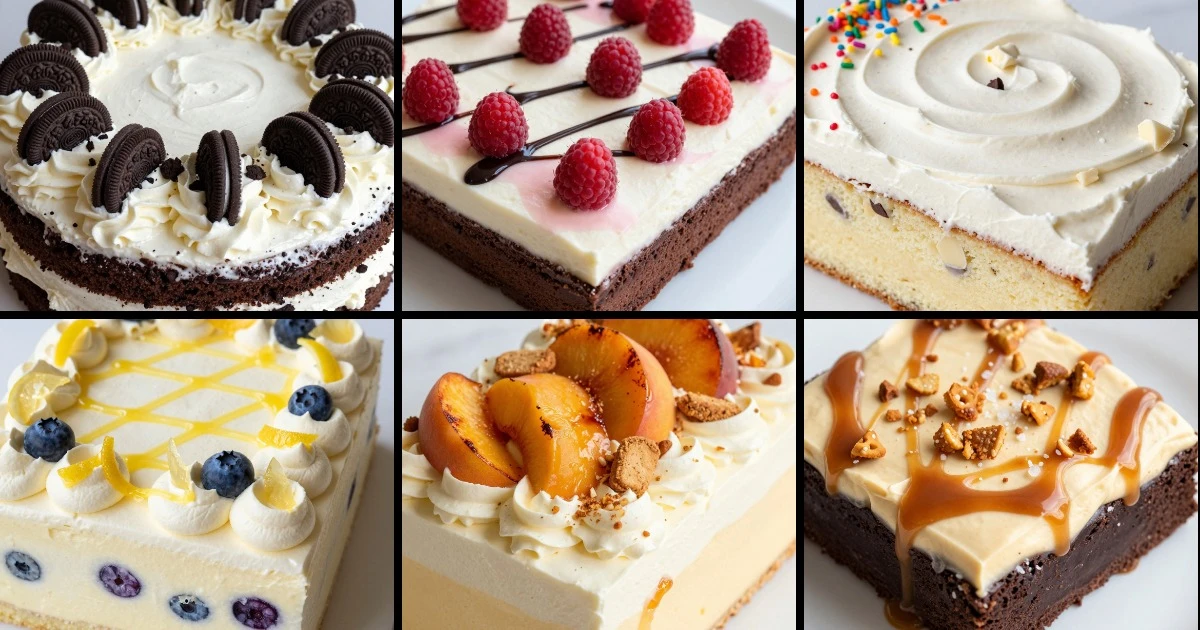 Collage of six decorated cakes featuring chocolate, vanilla, lemon, and peach varieties with frosting, fruit, and toppings.