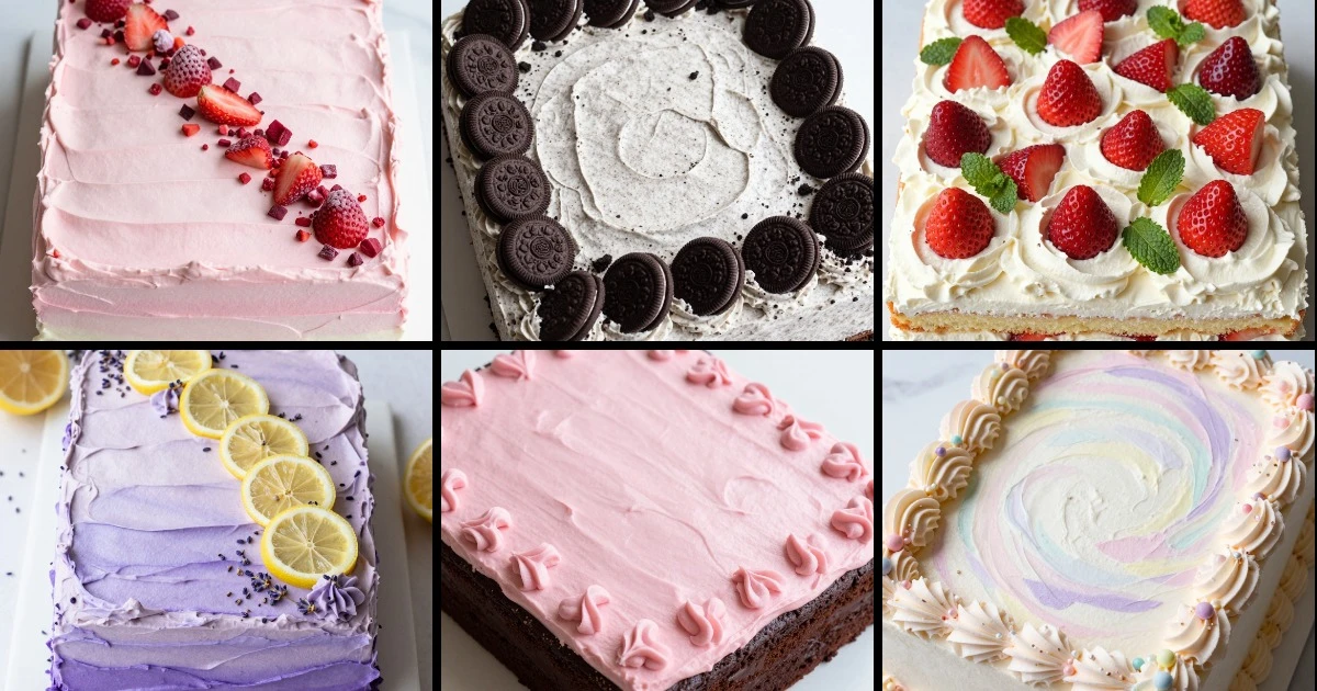 Collage of six colorful sheet cakes featuring strawberry, cookies-and-cream, lavender, chocolate, and vanilla varieties with pink, purple, and pastel frostings.