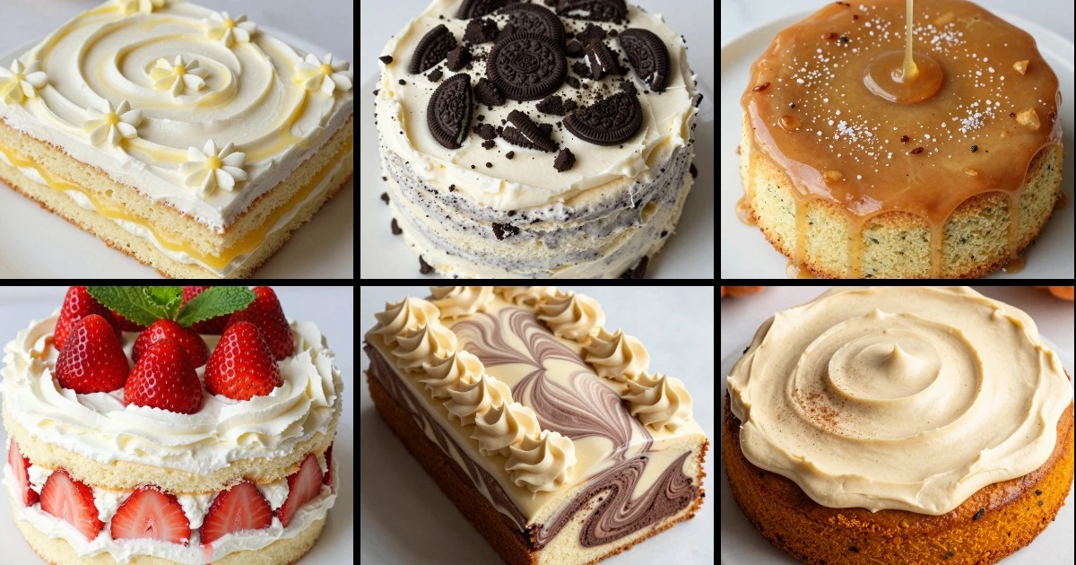 Collage of six decorated cakes including lemon, cookies-and-cream, brown butter sage, strawberry, marble, and pumpkin varieties.