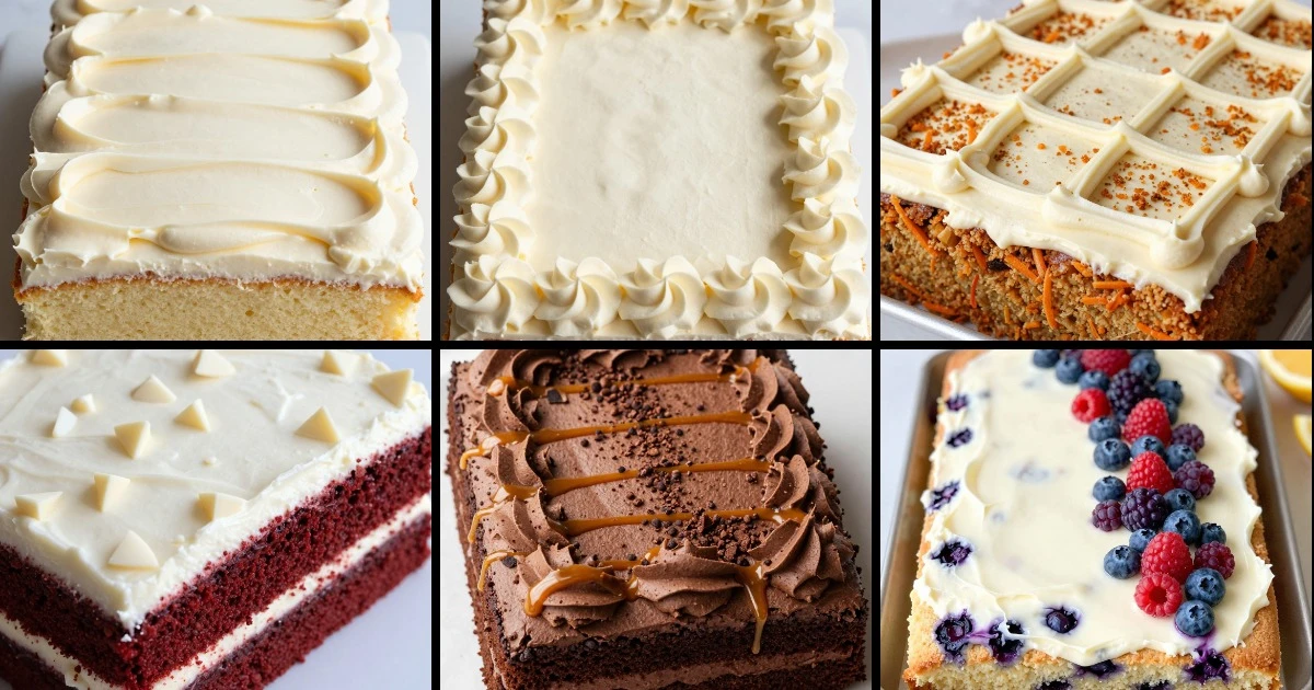 Collage of six decorated sheet cakes featuring vanilla, almond, carrot, red velvet, chocolate, and blueberry lemon varieties with different frostings and toppings.