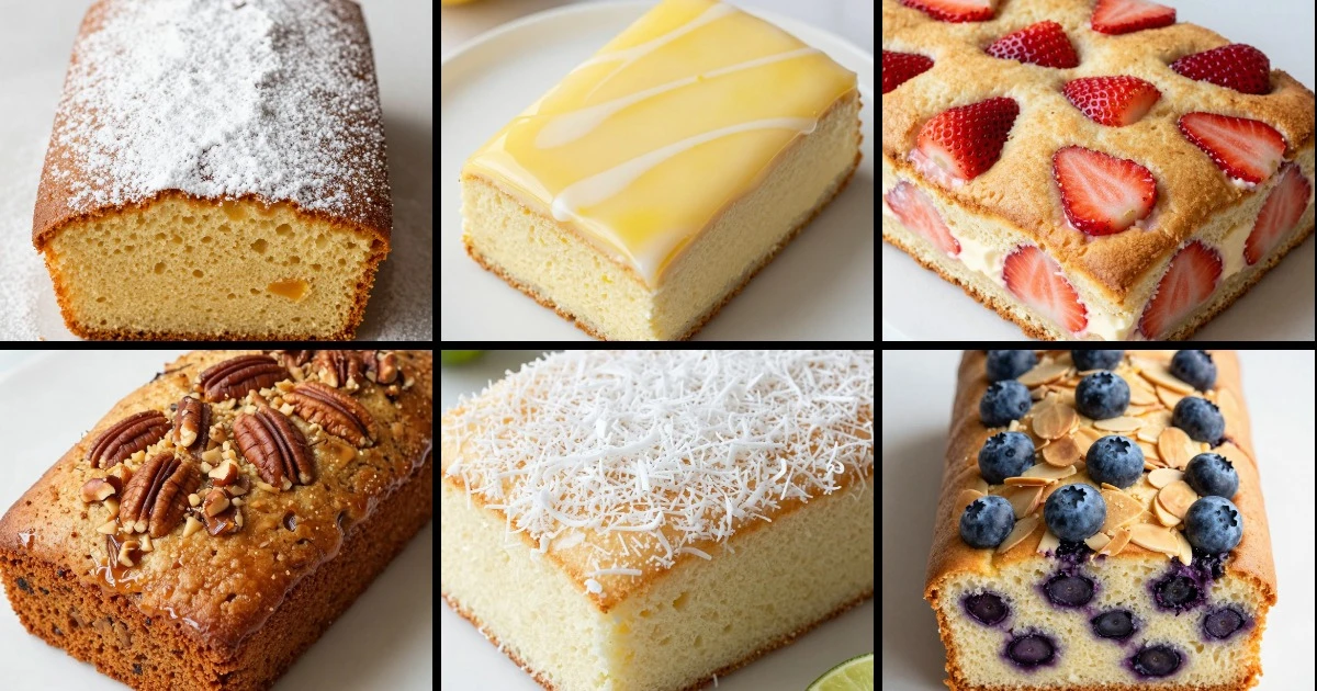 Collage of six sheet cakes: vanilla, lemon glaze, strawberry, maple pecan, coconut lime, and almond blueberry varieties.