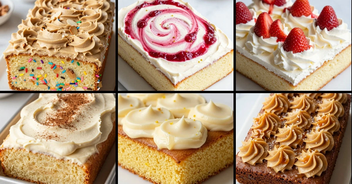 Collage of six sheet cake recipes featuring almond confetti, raspberry lemonade, strawberry shortcake, vanilla chai, honey cornmeal, and brown sugar varieties.