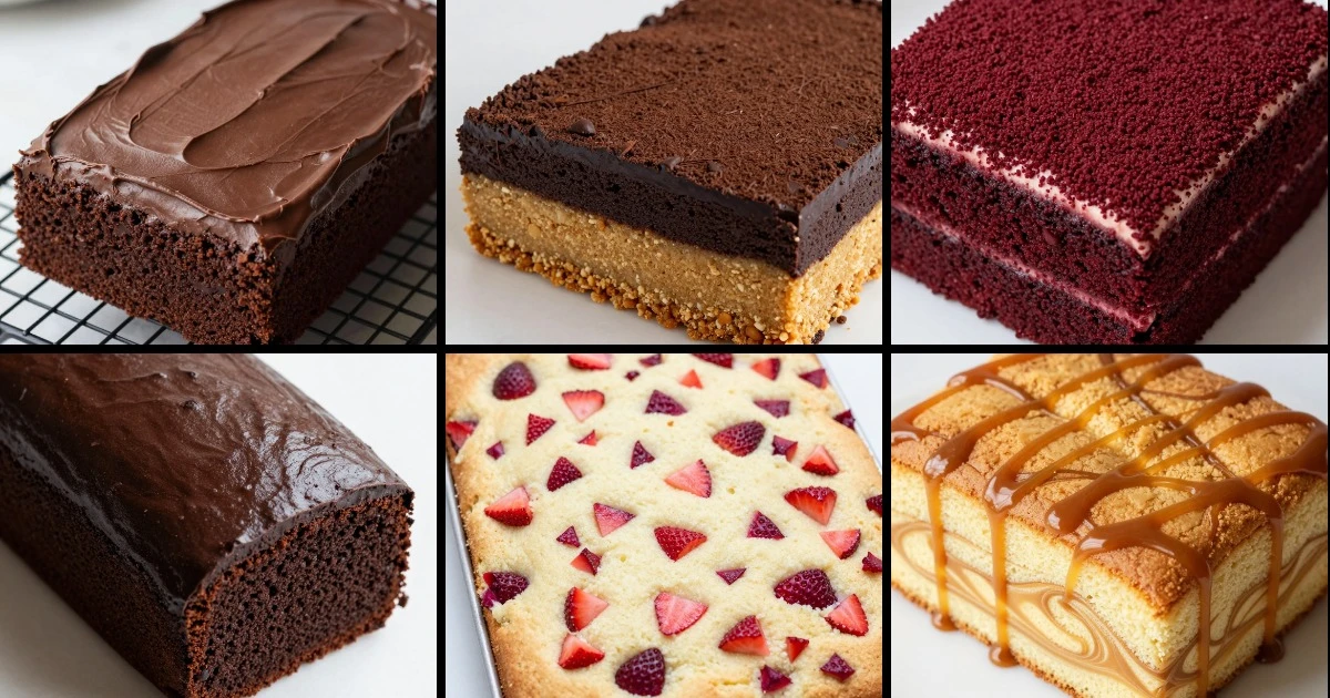 Collage of six sheet cake recipes featuring chocolate, red velvet, vanilla, and strawberry varieties for birthday celebrations.