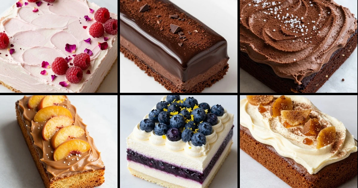 Collage of six decorated cakes featuring almond raspberry, chocolate ganache, brown butter malt, peach bourbon, blueberry lemon, and cinnamon brown butter varieties.