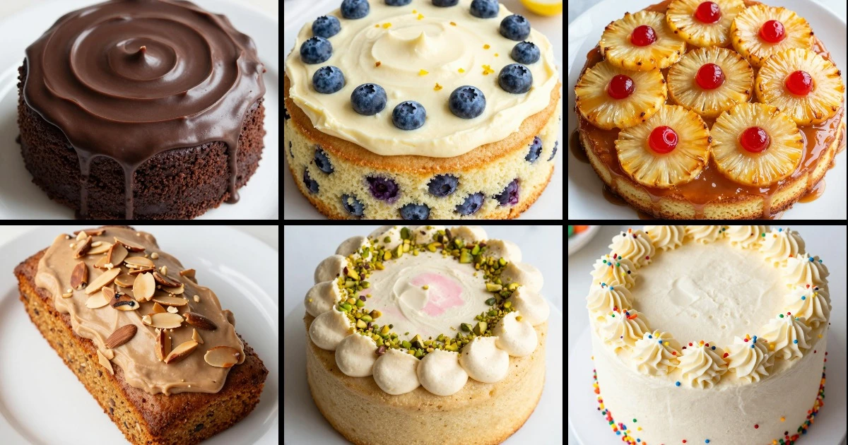 Collage of six birthday sheet cakes including chocolate fudge, lemon blueberry, pineapple upside-down, brown butter almond, cardamom rose, and vanilla confetti varieties.