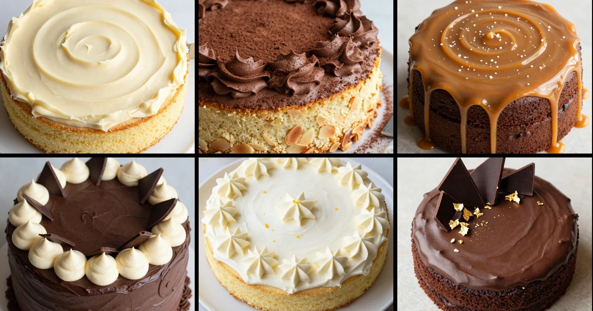 Collage of six decorated sheet cakes featuring vanilla, almond, lemon, and chocolate varieties with buttercream, caramel, and chocolate frosting designs.