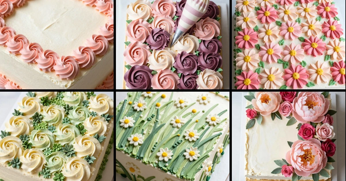 Collage of six decorated sheet cakes featuring various buttercream flower designs in pink, white, and cream with green foliage accents.