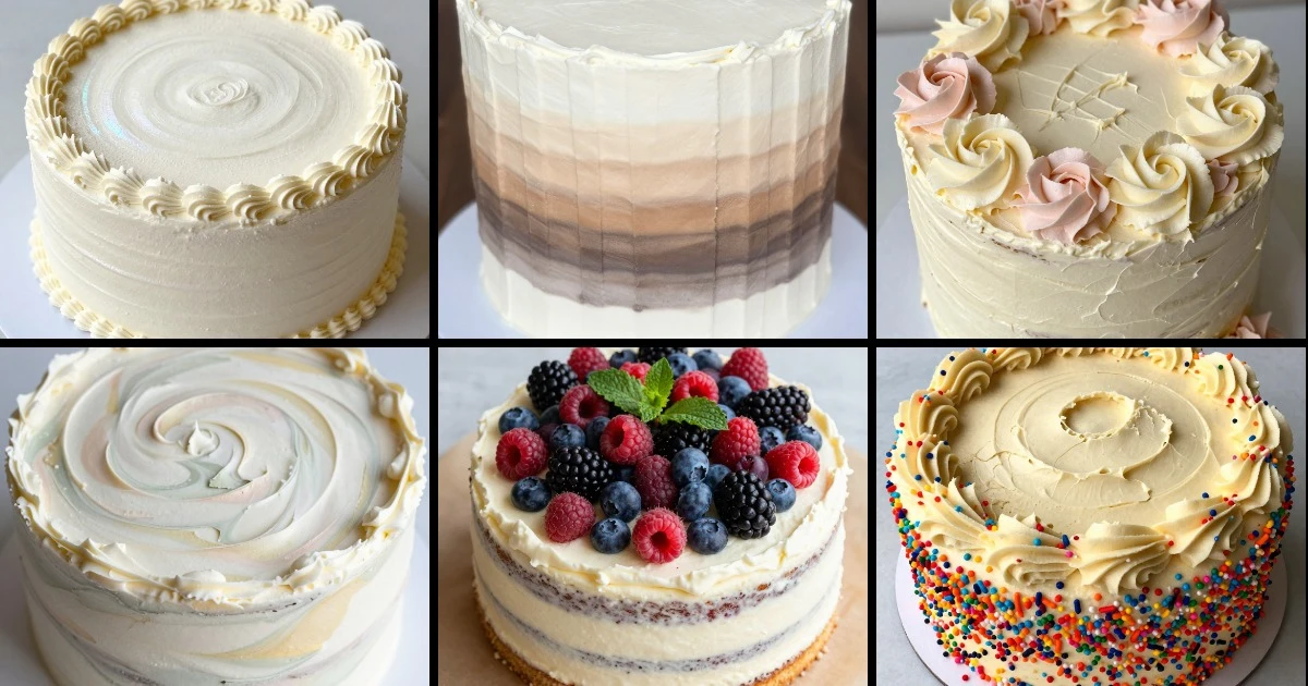Collage of six wedding sheet cake designs featuring pearl dust, ombré stripes, rosettes, marbled swirls, berries, and rainbow sprinkles.