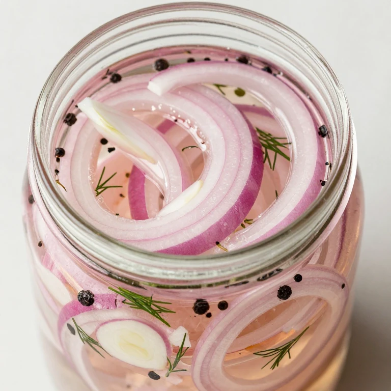 clear glass jar of quick pickled onions with visible brine, peppercorns, dill, and garlic
