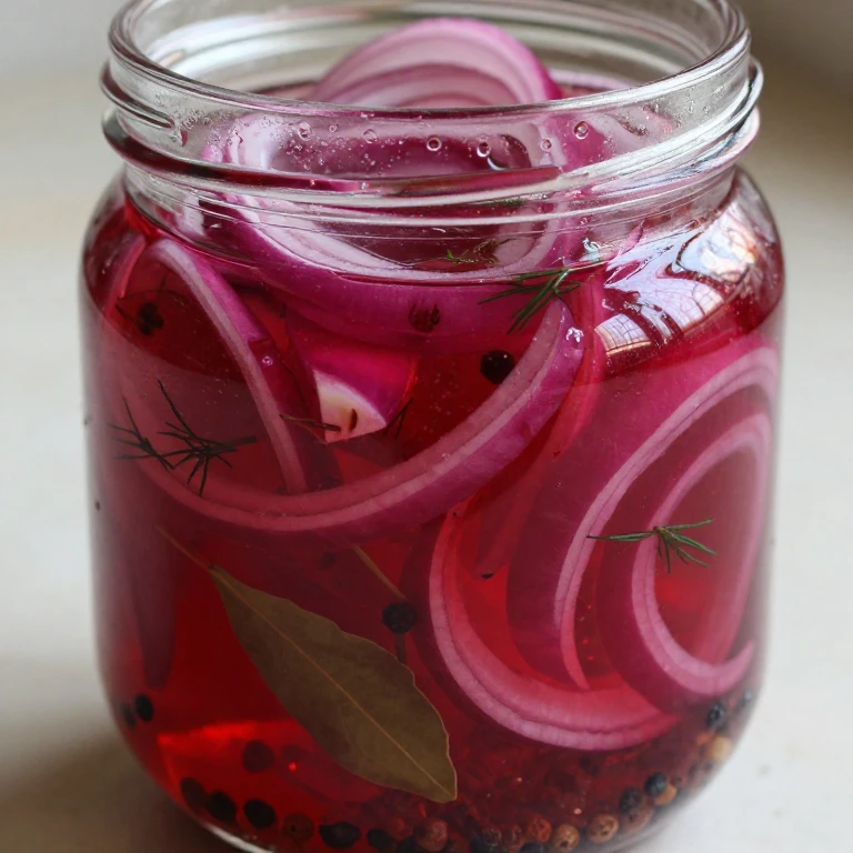 homemade pickled red onions in glass jar with magenta brine and aromatics