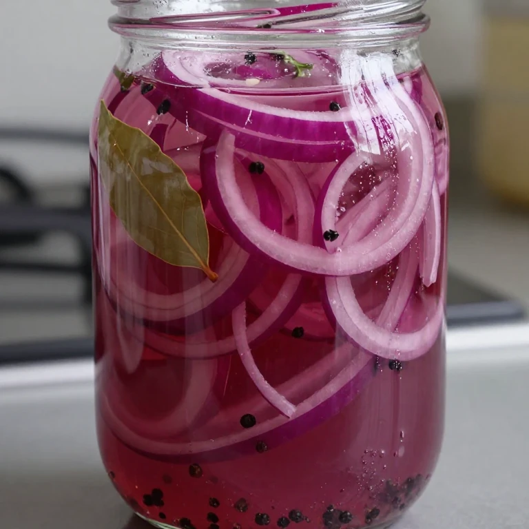 Pickled red onions in clear glass jar with magenta brine and visible spices