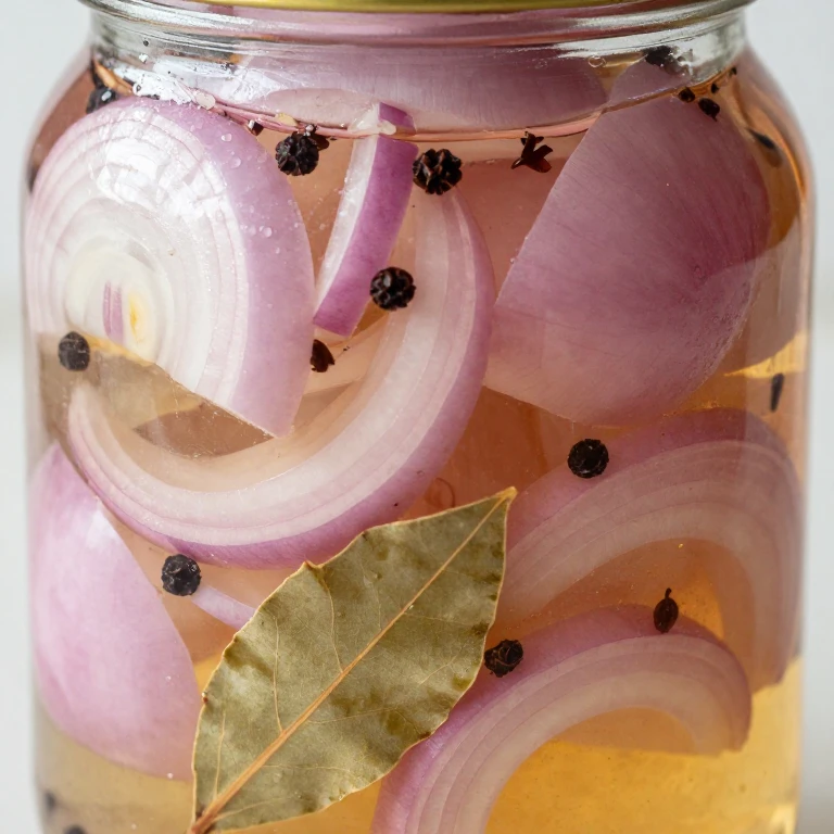 spiced pickled onions in glass jar with herbs and spices in amber brine