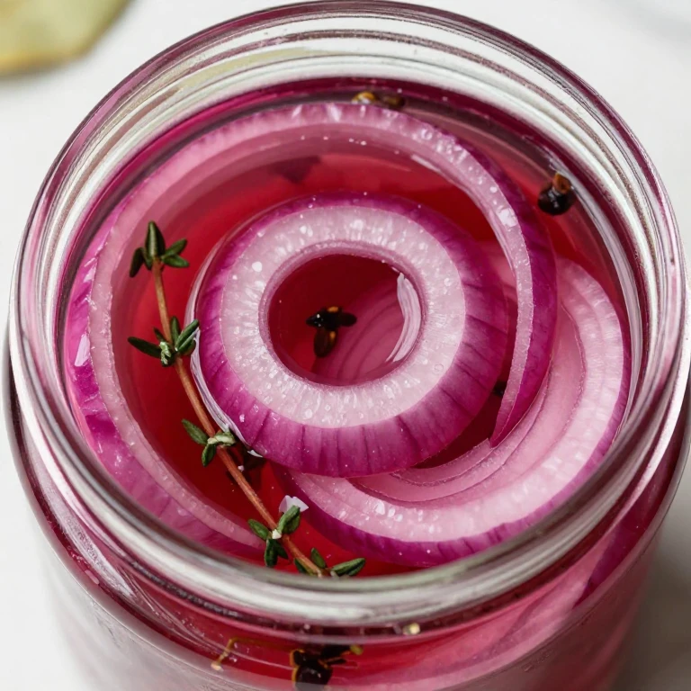 pickled red onions in clear glass jar with magenta brine and fresh herbs